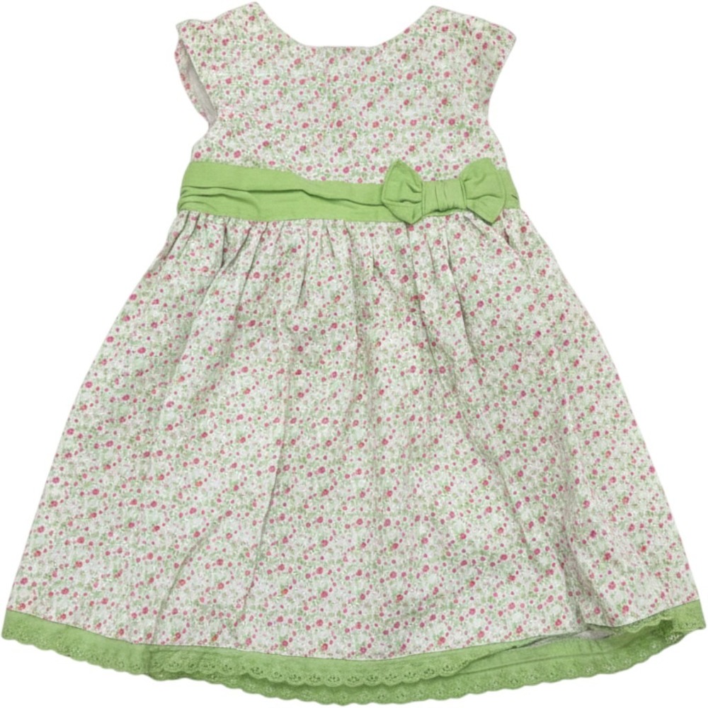 Laura Ashley Floral Corduroy Dress Kids 24M Green Pink Eyelet Lace Bow Sash